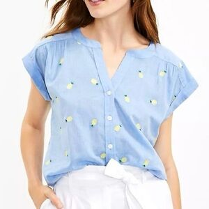 LOFT Light Blue Lemon-Embroidered Button Front Top boxy cotton lightweight LP